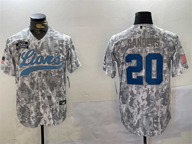 Men%27s Detroit Lions #20 Barry Sanders 2024 Arctic Camo Salute To Service Stitched Baseball Jersey